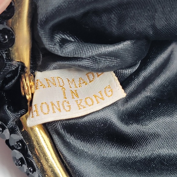 Vintage Handmade Hong Kong Small Kiss Lock Beaded Black Sequin Coin Purse Bag 4" - Picture 4 of 6